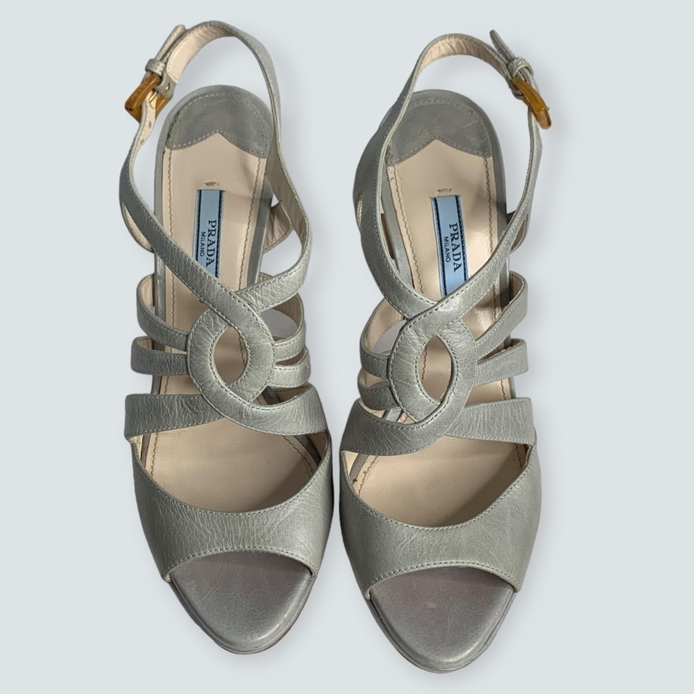 PRADA Heels Size 38 Calzatore Donna Grey Leather Slingback Sandals - Picture 6 of 16